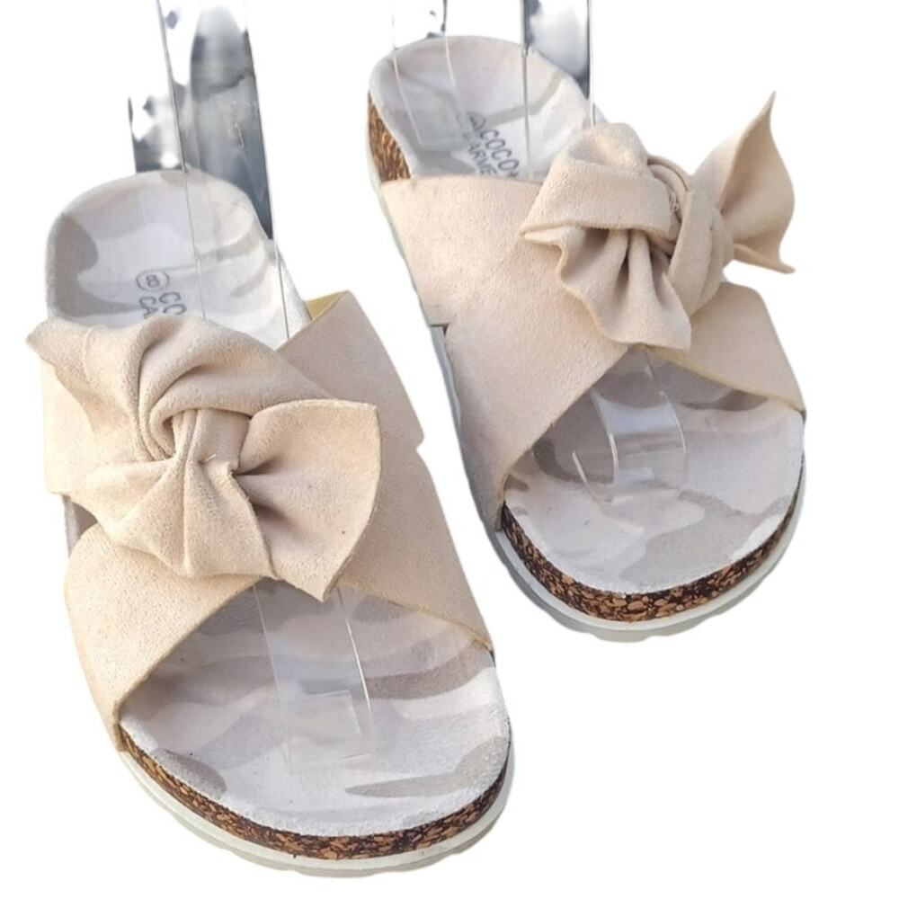 Coco + Carmen Beige Bow Slide Sandals Cork Look Comfort Footbed EU 39 US 8